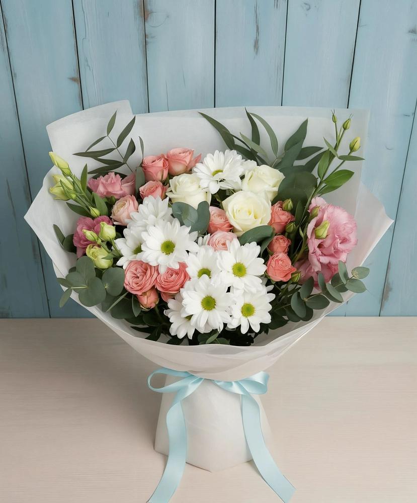 Букет цветов из: Розы, Лизиантусы и Хризантемы в Еманжелинске