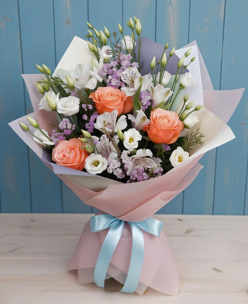 Букет цветов из: Лизиантусы, Розы, Альстромерии и Гипсофила в Еманжелинске