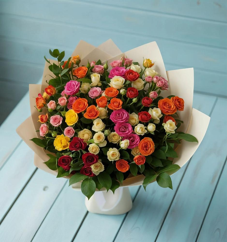 Букет Микс из разноцветных кустовых роз в Еманжелинске